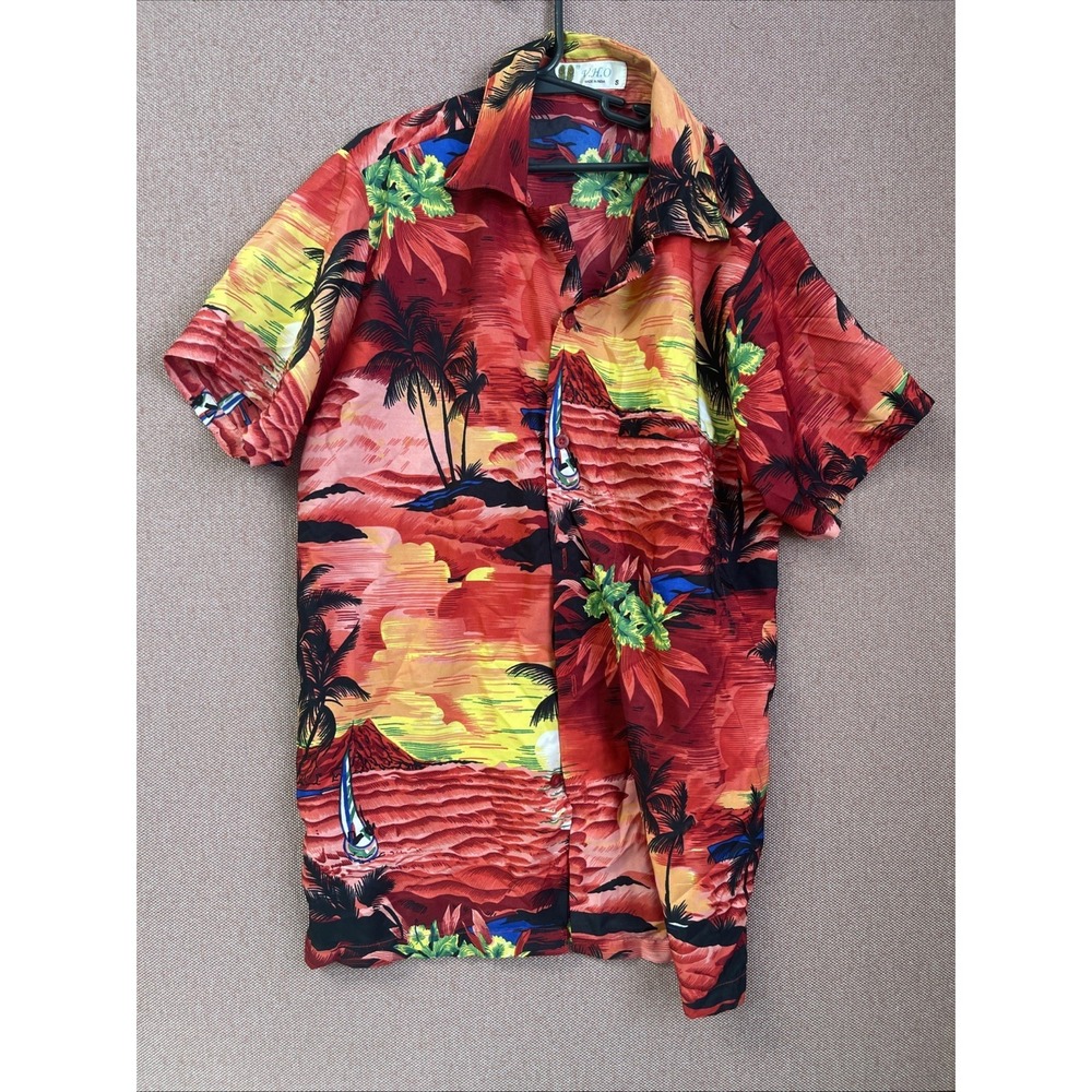 VHO hawaiian shirt LADIES RED‎ Treescape SMALL Aloha